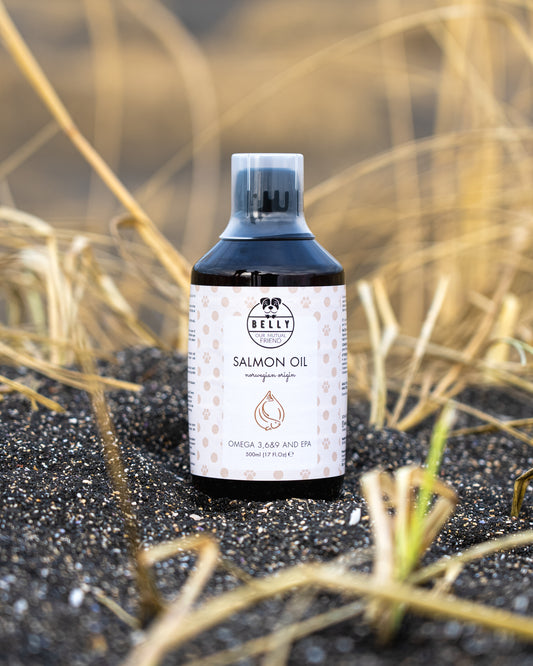 A bottle of salmon oil for dogs placed on a ground with dry grass around, likely in a pet's outdoor environment.