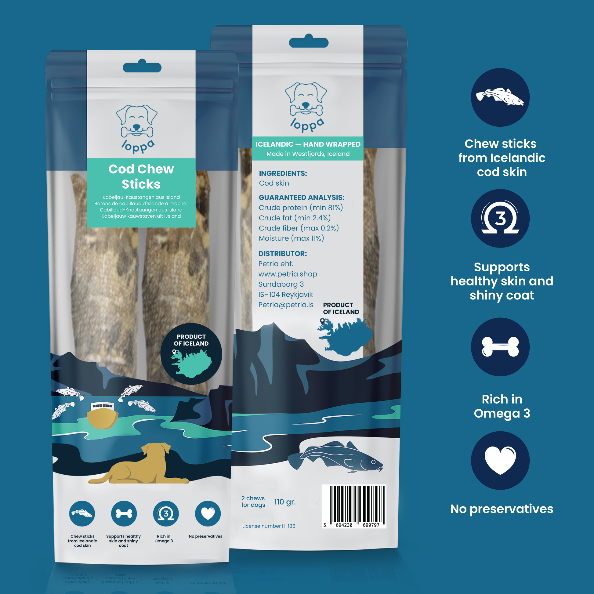 Icelandic cod skin dog chews - 2 in a bag