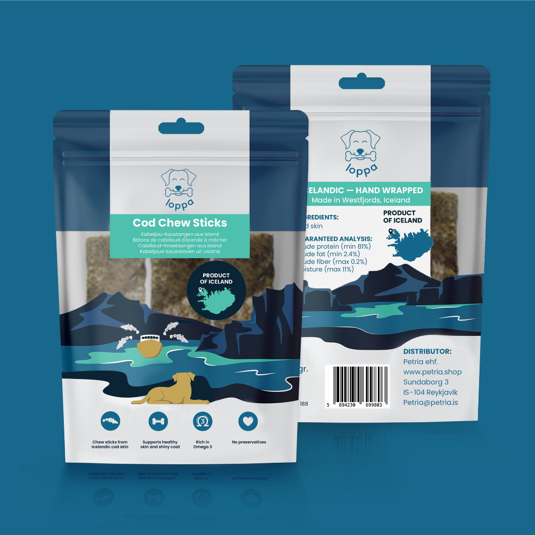 Icelandic cod skin dog chews - 3 in a bag - front and back